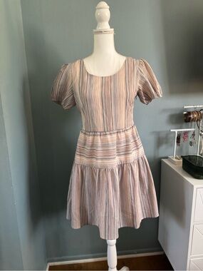 NWT VERNACULAR PINK stripes Puff-Sleeve Open Back Small Dress Neutral Stripes